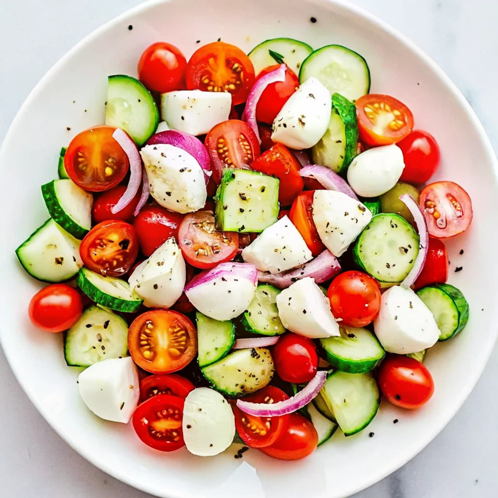 Crisp cucumber Caprese salad with cherry tomatoes, fresh mozzarella balls, and thinly sliced red onion, lightly seasoned with black pepper and herbs in a white serving bowl.