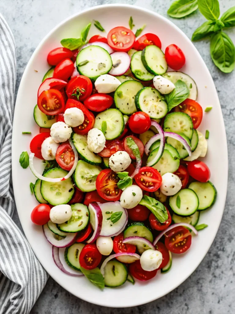 Crisp cucumber Caprese salad with cherry tomatoes, fresh mozzarella balls, and thinly sliced red onion, lightly seasoned with black pepper and herbs in a white serving bowl.