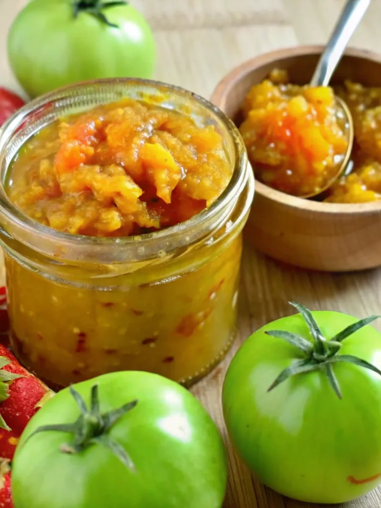 A close-up view of a jar filled with homemade green tomato relish, featuring visible chunks of tomatoes, onions, and red bell pepper, set against a rustic wooden background.