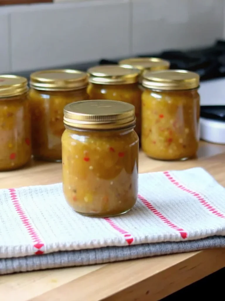 A close-up view of a jar filled with homemade green tomato relish, featuring visible chunks of tomatoes, onions, and red bell pepper, set against a rustic wooden background.