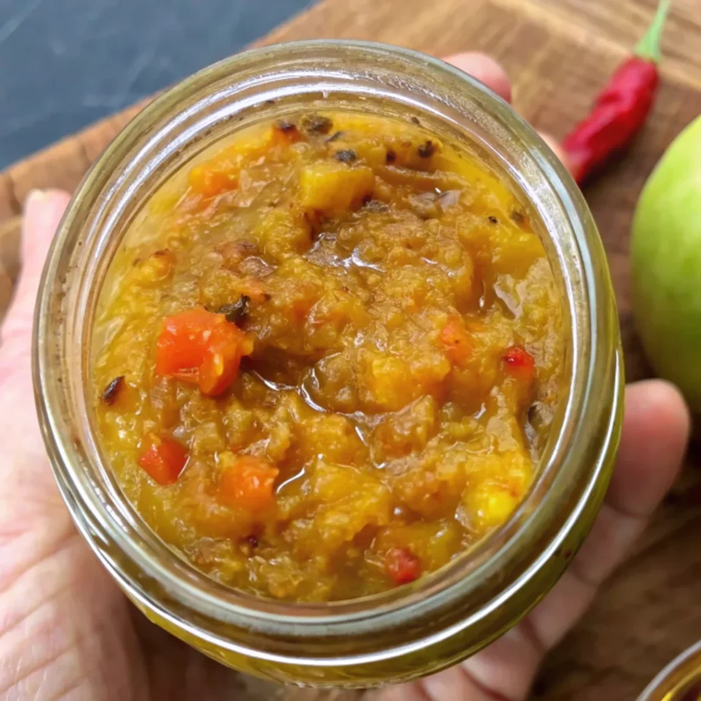 A close-up view of a jar filled with homemade green tomato relish, featuring visible chunks of tomatoes, onions, and red bell pepper, set against a rustic wooden background.
