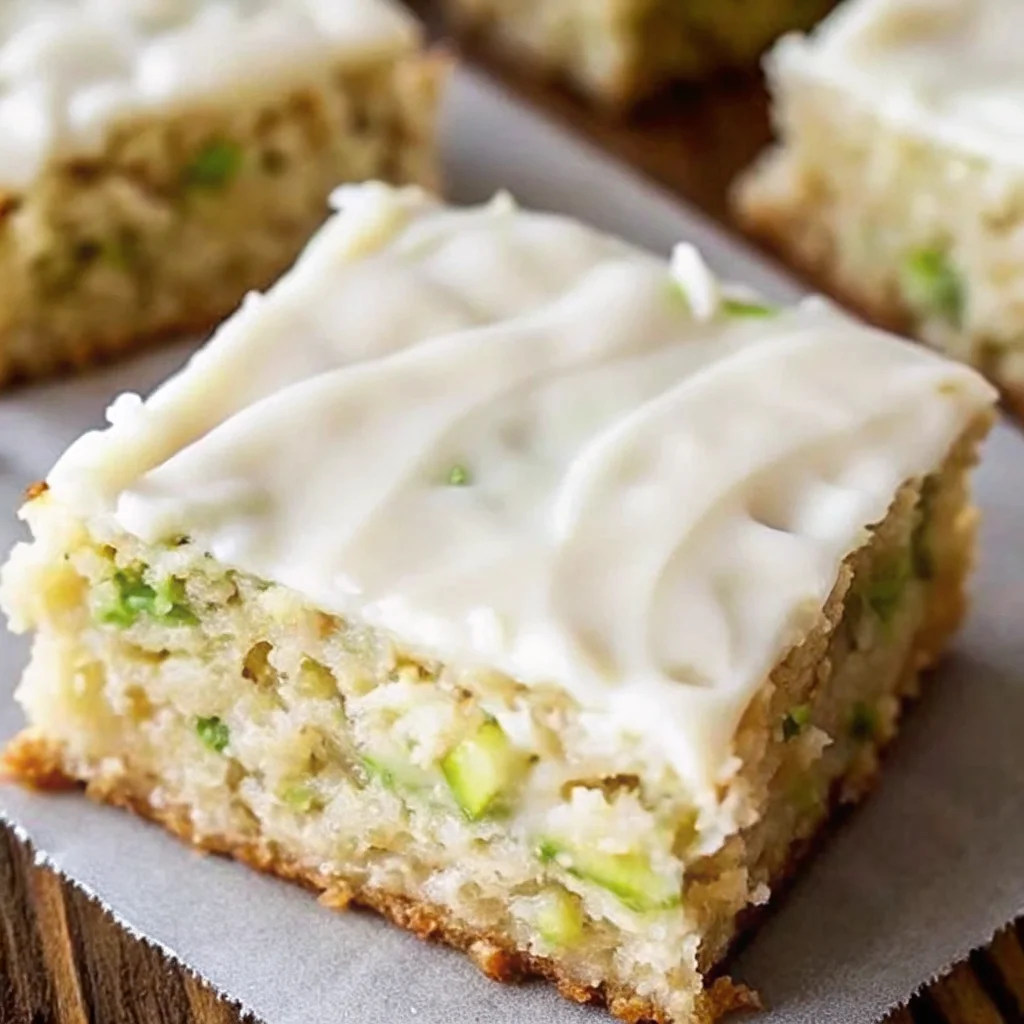 Slice of homemade zucchini bars with cream cheese frosting showing moist texture and green zucchini specks on parchment paper