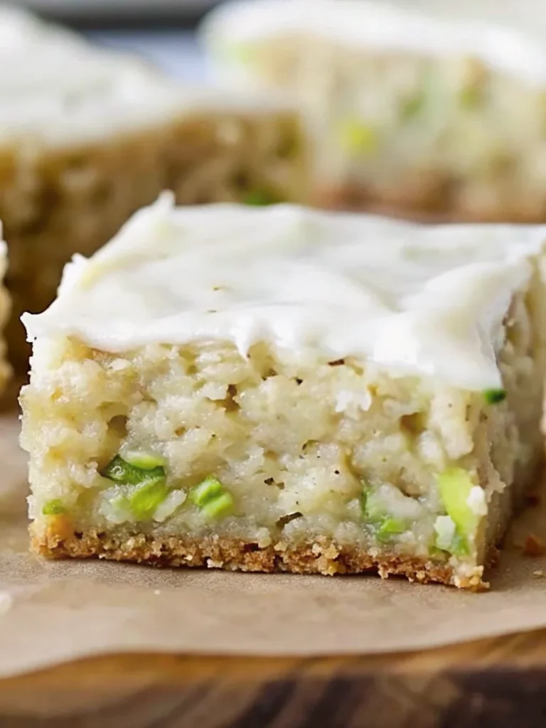 Slice of homemade zucchini bars with cream cheese frosting showing moist texture and green zucchini specks on parchment paper
