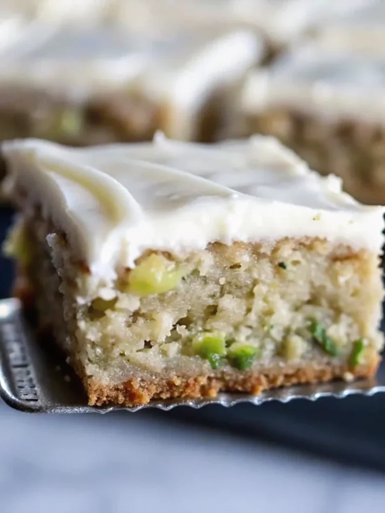 Slice of homemade zucchini bars with cream cheese frosting showing moist texture and green zucchini specks on parchment paper
