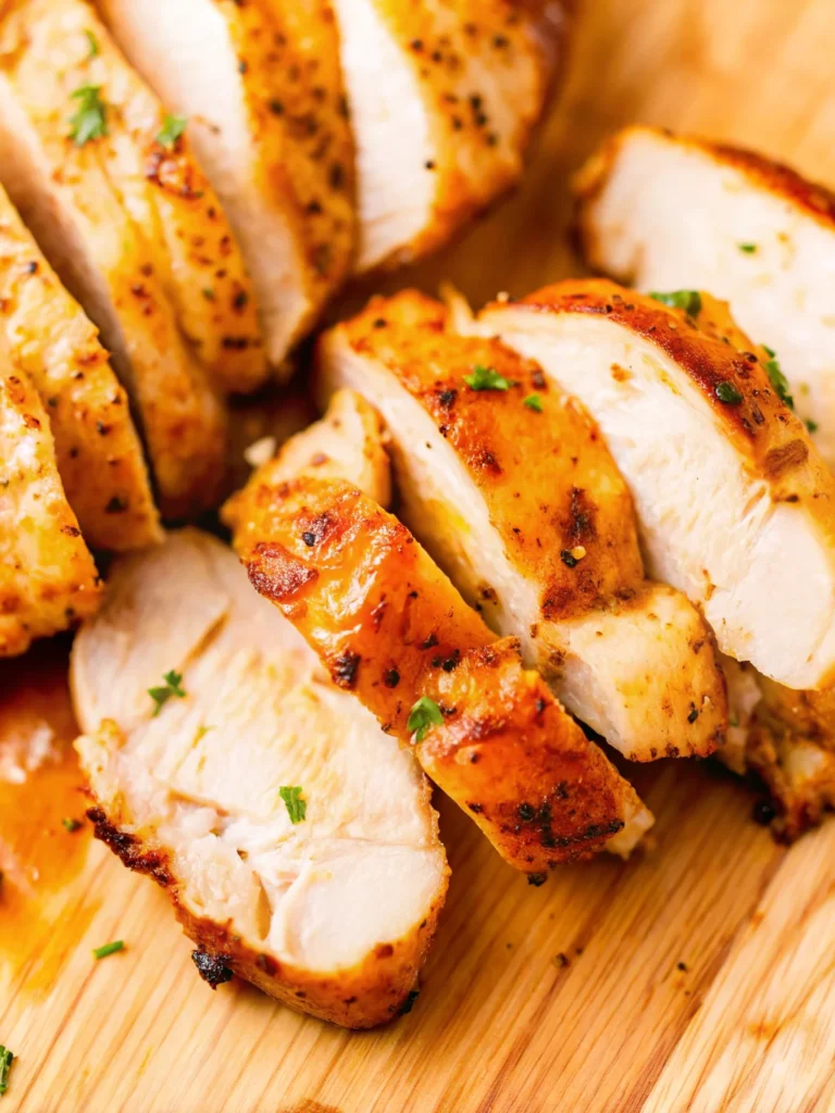 Juicy oven baked chicken breast, golden brown, garnished with fresh herbs, resting on a dark baking tray—perfect for easy chicken breastrecipes boneless.
