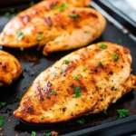 Juicy oven baked chicken breast, golden brown, garnished with fresh herbs, resting on a dark baking tray—perfect for easy chicken breastrecipes boneless.