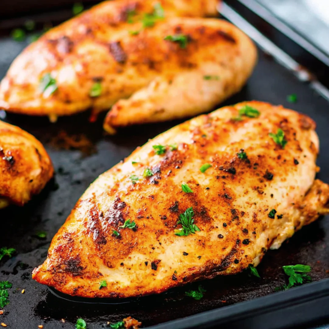 Juicy oven baked chicken breast, golden brown, garnished with fresh herbs, resting on a dark baking tray—perfect for easy chicken breastrecipes boneless.