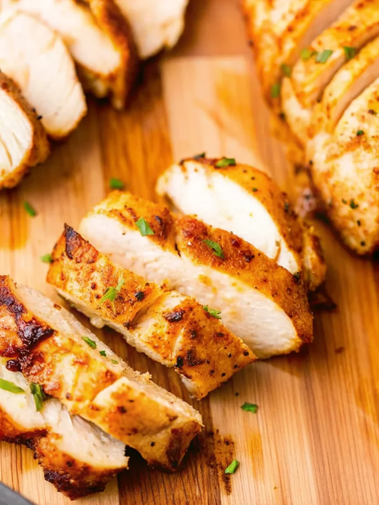 Juicy oven baked chicken breast, golden brown, garnished with fresh herbs, resting on a dark baking tray—perfect for easy chicken breastrecipes boneless.