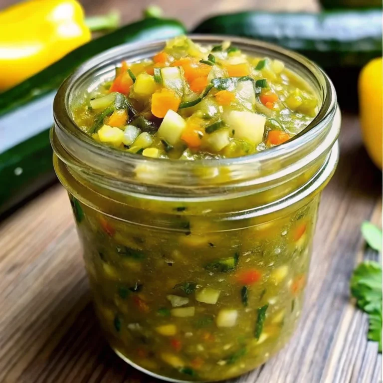 A vibrant jar of sweet zucchini relish featuring finely chopped zucchini, peppers, and onions in a tangy, colorful mix—perfect as a homemade summer condiment.