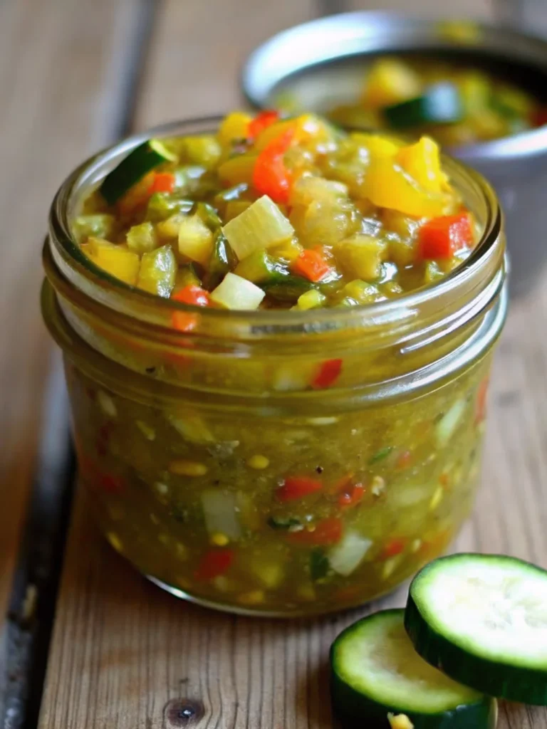 A vibrant jar of sweet zucchini relish featuring finely chopped zucchini, peppers, and onions in a tangy, colorful mix—perfect as a homemade summer condiment.
