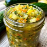 A vibrant jar of sweet zucchini relish featuring finely chopped zucchini, peppers, and onions in a tangy, colorful mix—perfect as a homemade summer condiment.
