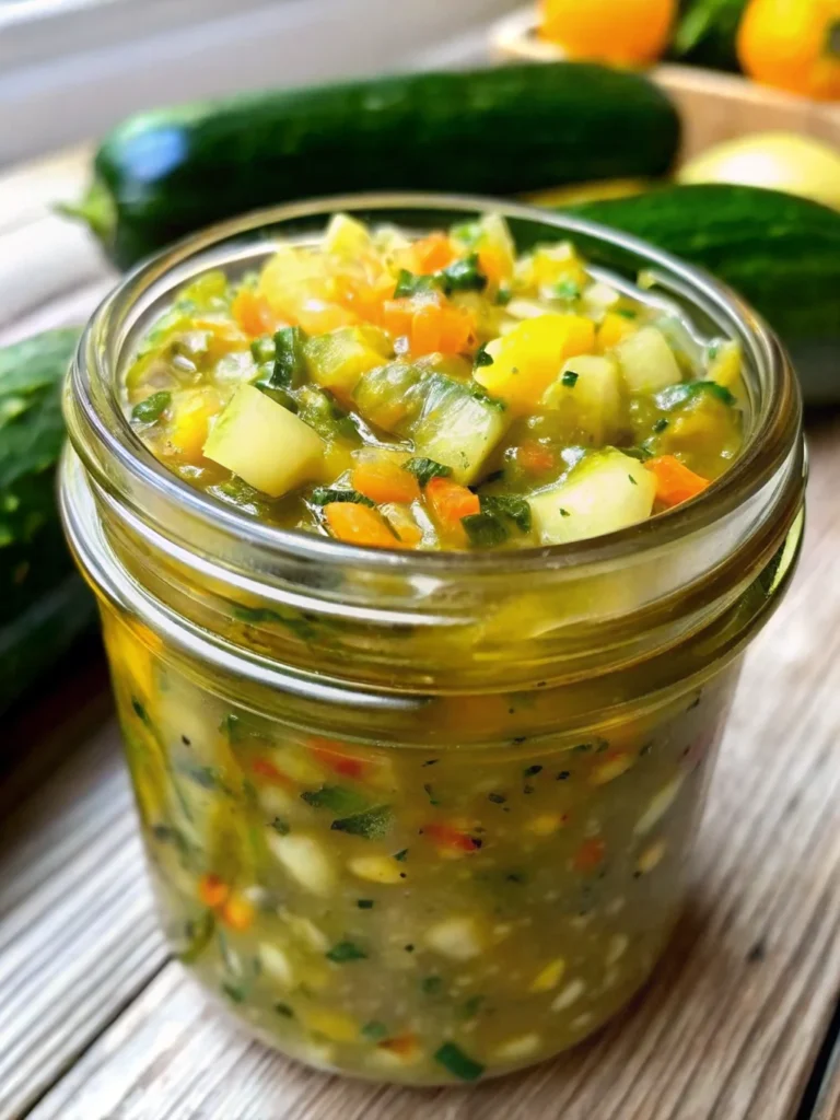 A vibrant jar of sweet zucchini relish featuring finely chopped zucchini, peppers, and onions in a tangy, colorful mix—perfect as a homemade summer condiment.