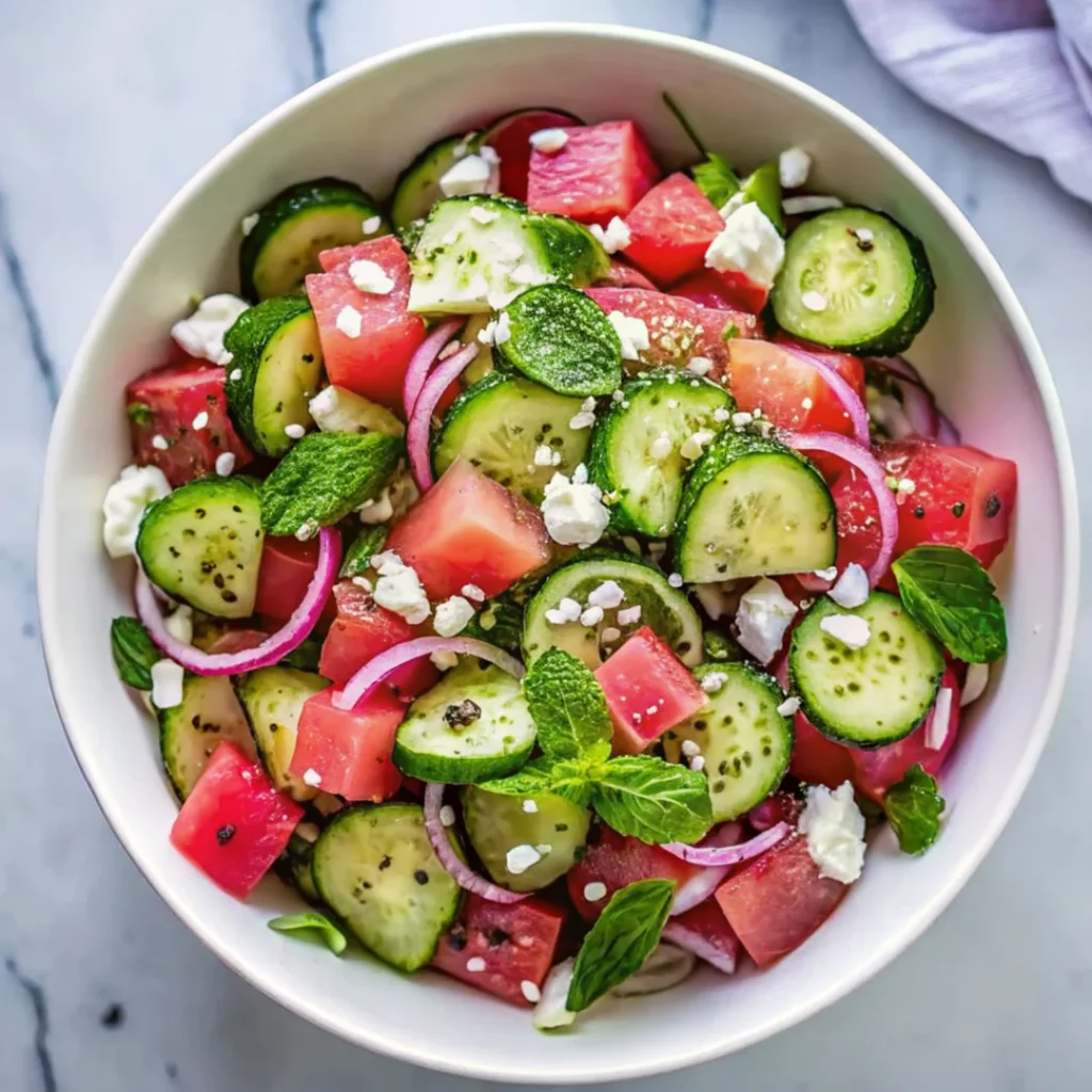 Fresh watermelon cucumber feta salad with diced watermelon, sliced cucumber, crumbled feta cheese, and fresh mint herbs in white bowl - perfect summer recipe