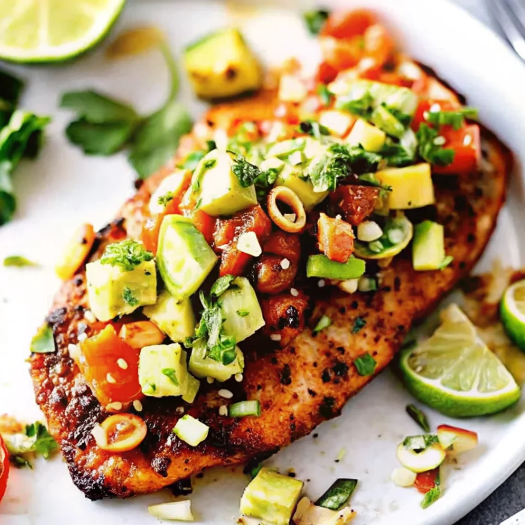 Grilled Fiesta Lime Chicken topped with fresh avocado salsa and lime wedges