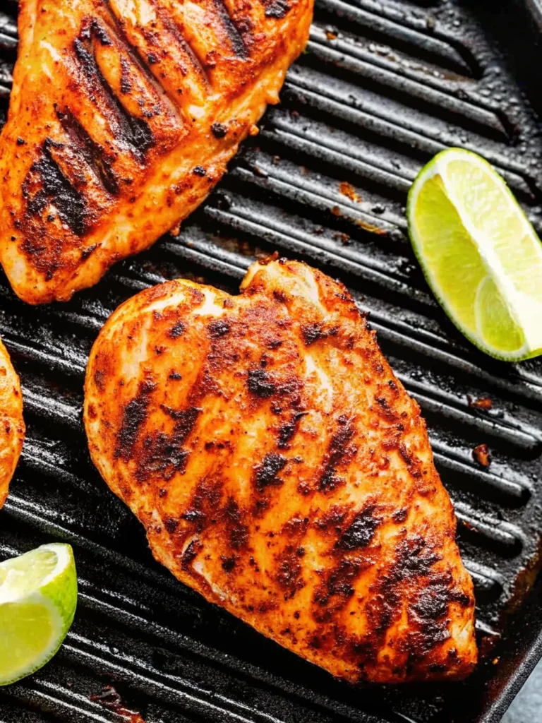 Grilled Fiesta Lime Chicken topped with fresh avocado salsa and lime wedges