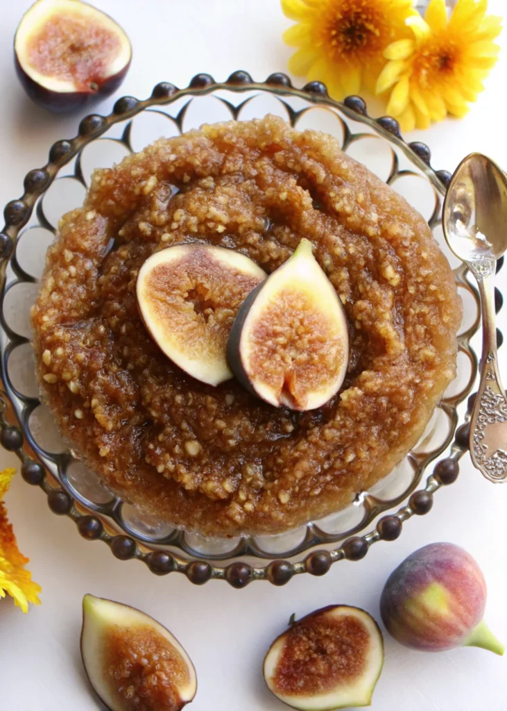 Homemade fig jam made from dried figs in a glass bowl, garnished with fresh fig slices and surrounded by whole figs and yellow flowers.