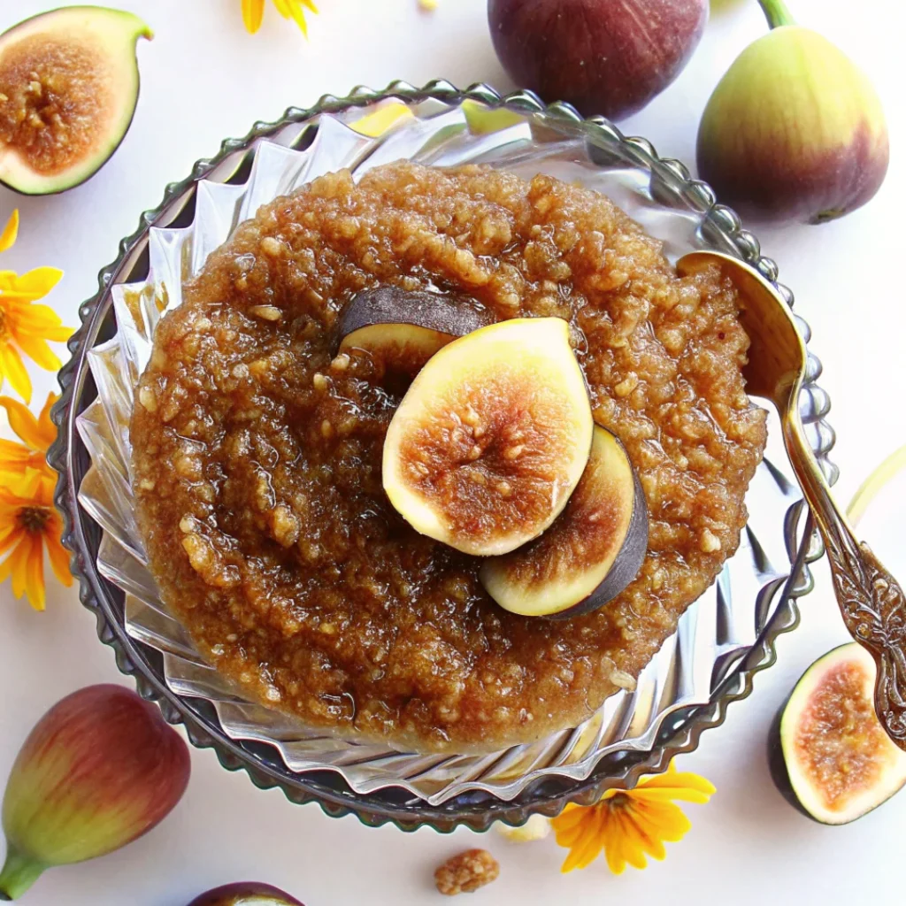 Homemade fig jam made from dried figs in a glass bowl, garnished with fresh fig slices and surrounded by whole figs and yellow flowers.