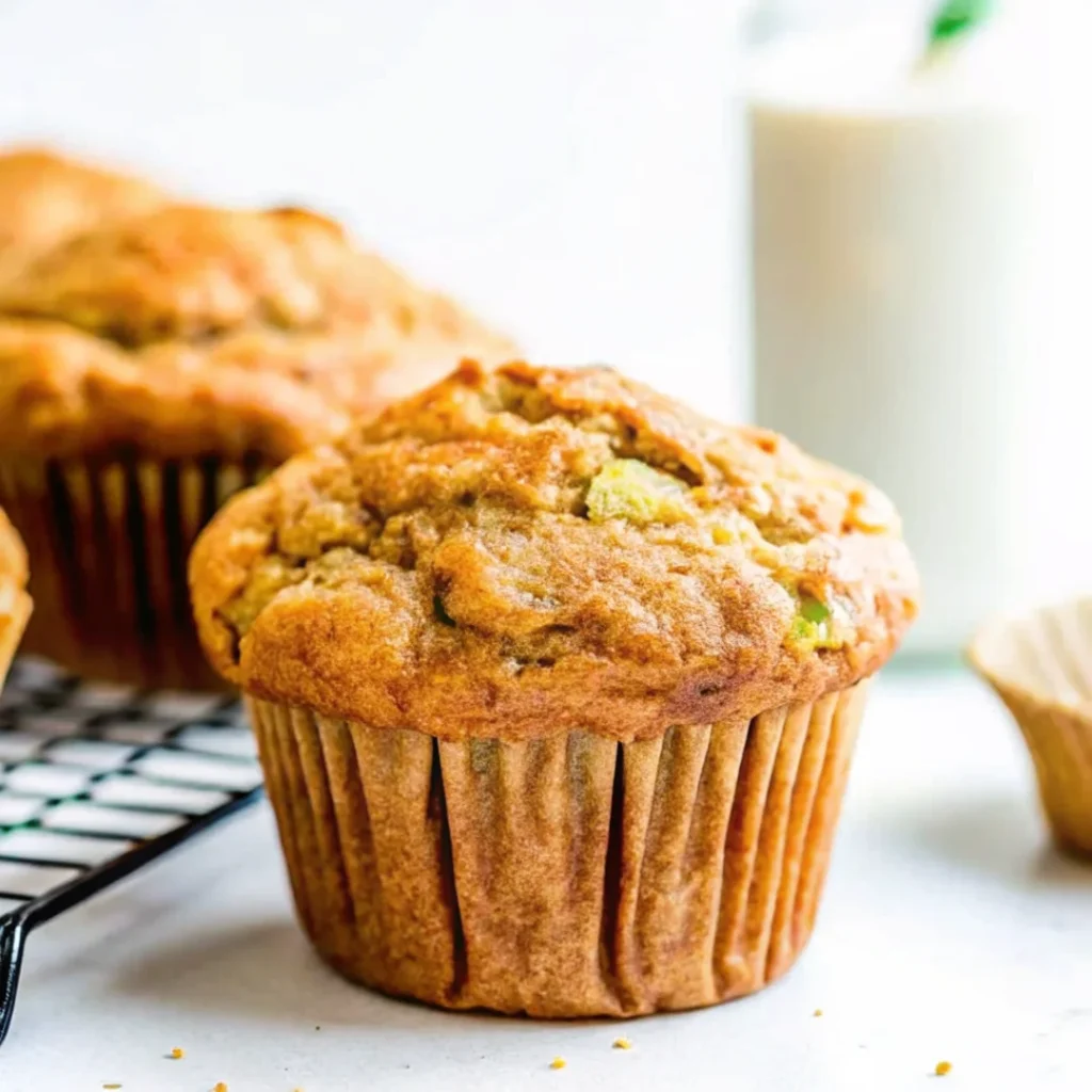 Fluffy whole wheat zucchini carrot muffin with a golden-brown top, set on a marble surface with a cooling rack in the background.