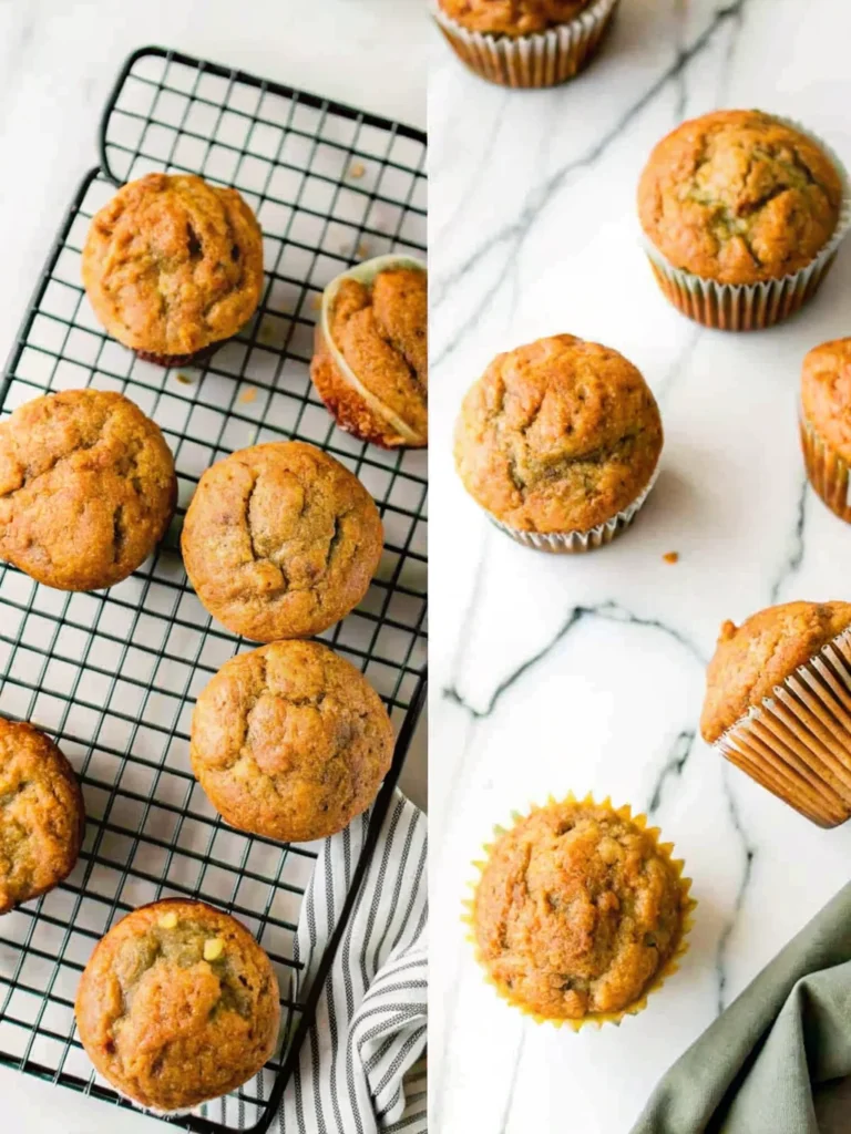 Fluffy whole wheat zucchini carrot muffin with a golden-brown top, set on a marble surface with a cooling rack in the background.