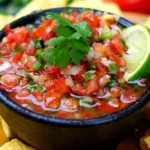 Fresh salsa with cilantro lime recipe—bowls of chunky salsa made with fresh tomatoes, onions, jalapenos, and cilantro, garnished with a tortilla chip and lime.