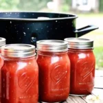 Jars of home-canned crushed tomatoes with metal lids are lined up on a wooden surface in front of a large black canning pot, illustrating the process of canning tomatoes for beginners.