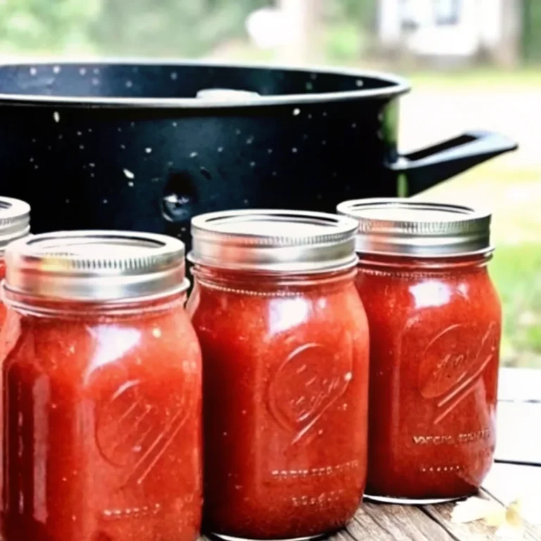 Jars of home-canned crushed tomatoes with metal lids are lined up on a wooden surface in front of a large black canning pot, illustrating the process of canning tomatoes for beginners.
