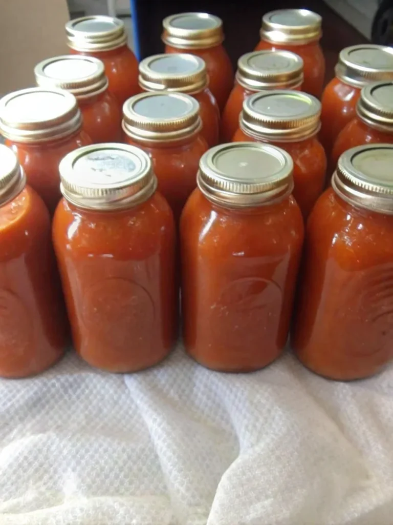 Jars of home-canned crushed tomatoes with metal lids are lined up on a wooden surface in front of a large black canning pot, illustrating the process of canning tomatoes for beginners.
