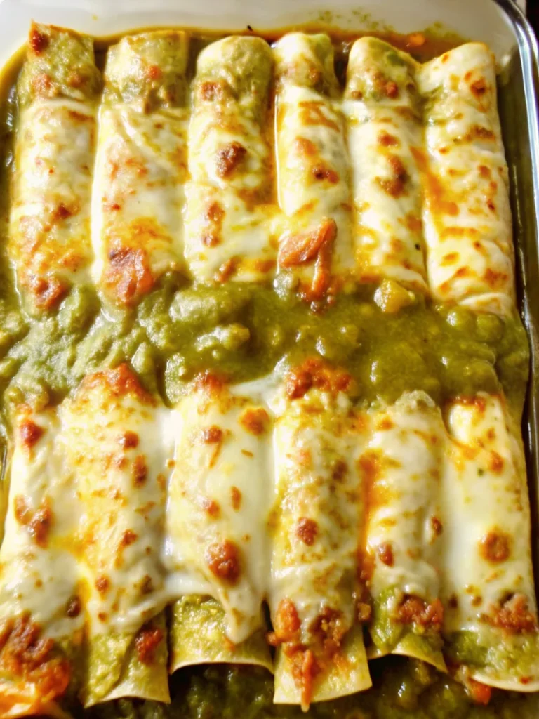 Hatch green chile enchiladas baked in glass dish with melted cheese and red chile sauce, featuring roasted New Mexico chiles and corn tortillas