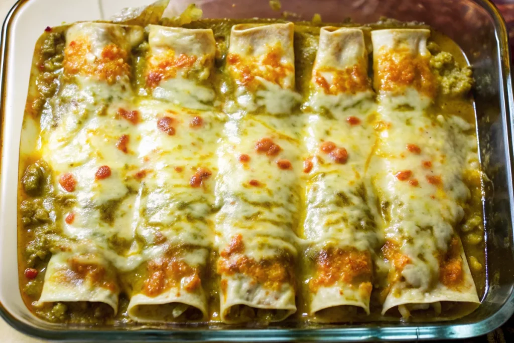 Hatch green chile enchiladas baked in glass dish with melted cheese and red chile sauce, featuring roasted New Mexico chiles and corn tortillas
