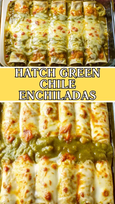 Hatch green chile enchiladas baked in glass dish with melted cheese and red chile sauce, featuring roasted New Mexico chiles and corn tortillas