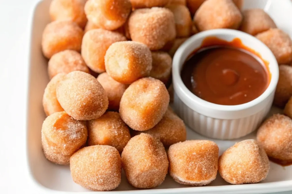 Air fryer churro bites coated in cinnamon sugar served on a plate with chocolate dipping sauce – a healthy homemade fall snack.
