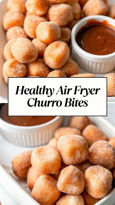 Air fryer churro bites coated in cinnamon sugar served on a plate with chocolate dipping sauce – a healthy homemade fall snack.