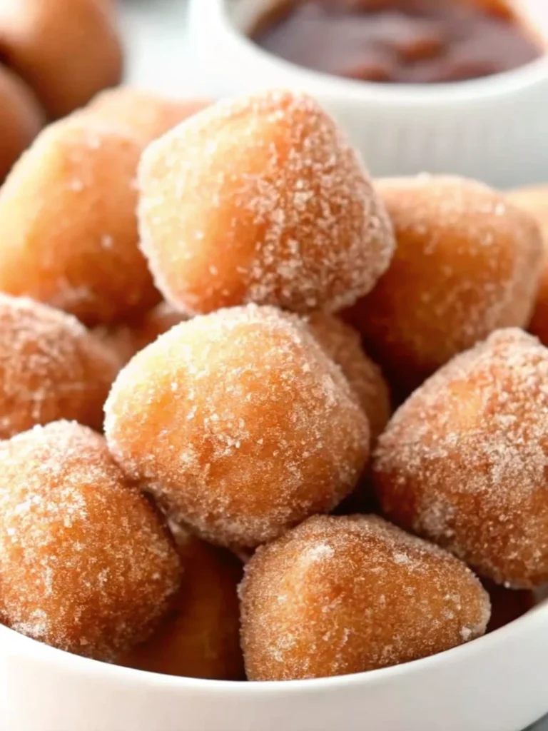 Air fryer churro bites coated in cinnamon sugar served on a plate with chocolate dipping sauce – a healthy homemade fall snack.