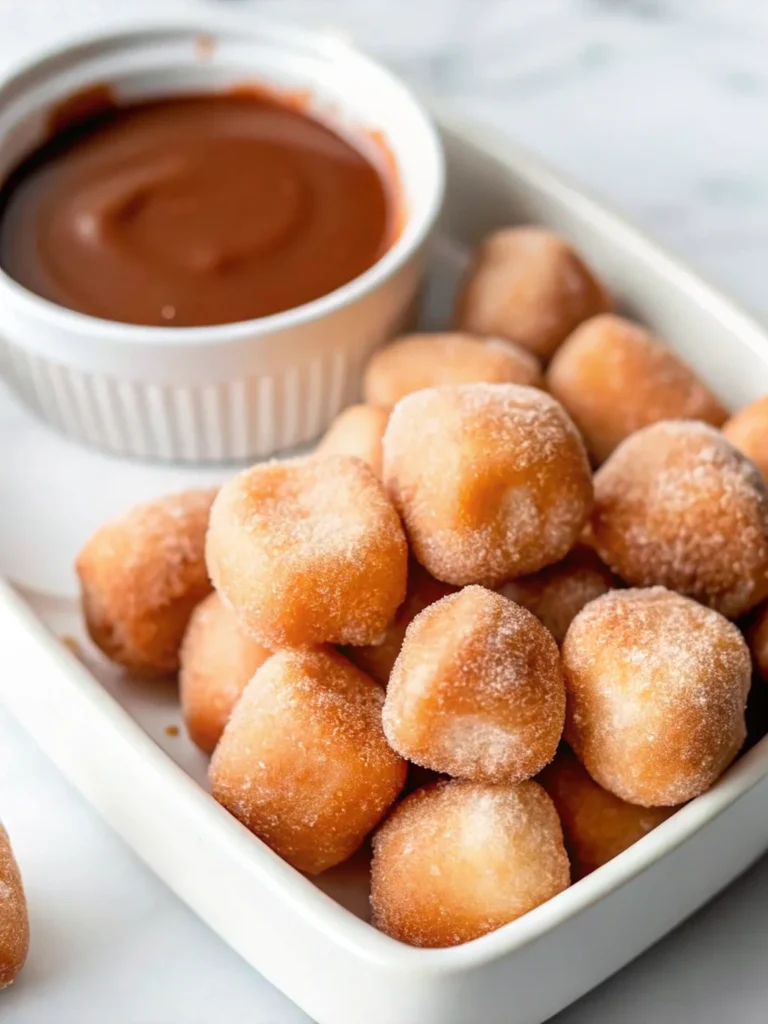 Air fryer churro bites coated in cinnamon sugar served on a plate with chocolate dipping sauce – a healthy homemade fall snack.