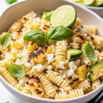 A vibrant bowl of Healthy Street Corn Pasta Salad featuring rotini pasta, grilled corn, crumbled feta, fresh basil, zucchini, and a slice of lime, accented with creamy dressing and chili butter—an ideal dish for fresh summer recipes.