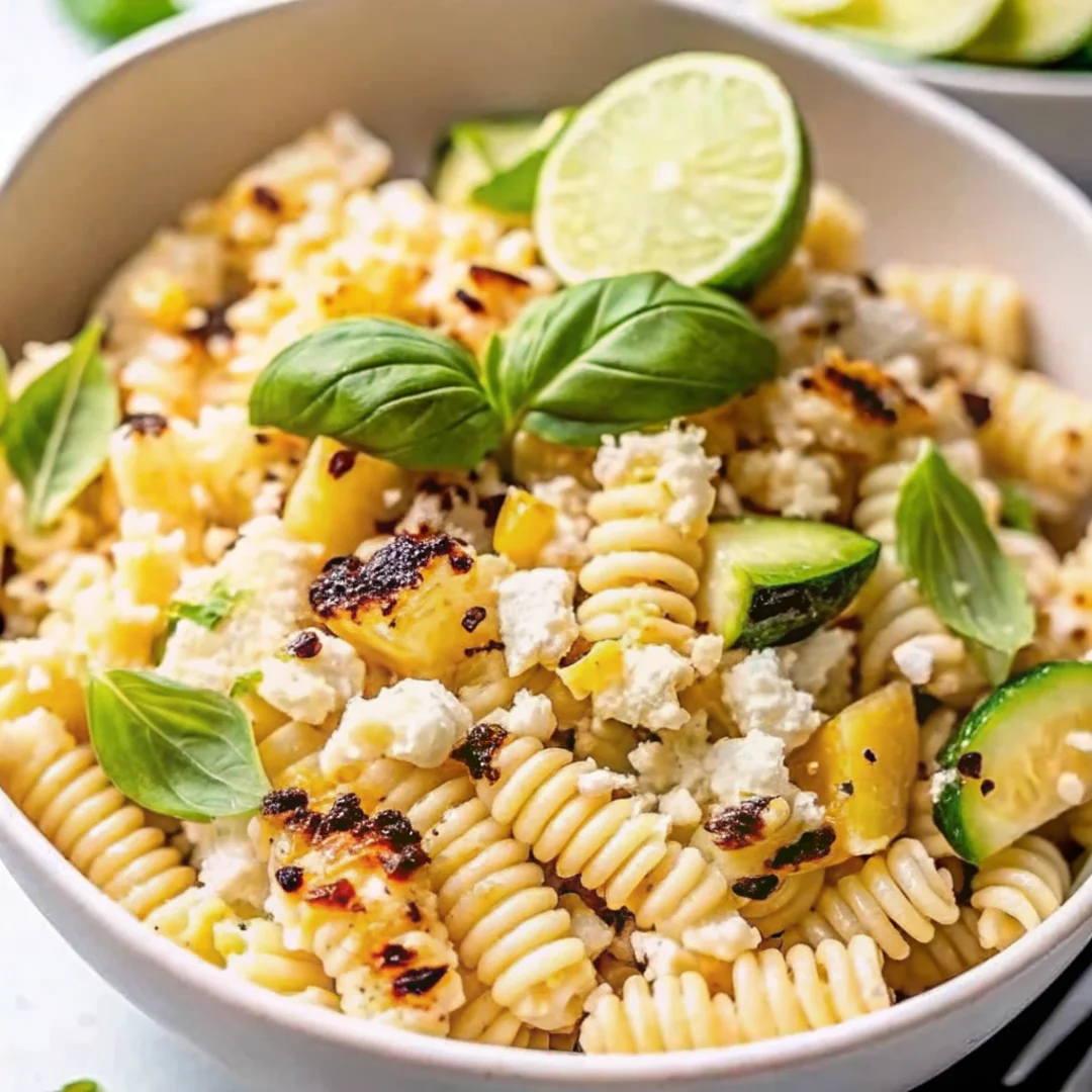 A vibrant bowl of Healthy Street Corn Pasta Salad featuring rotini pasta, grilled corn, crumbled feta, fresh basil, zucchini, and a slice of lime, accented with creamy dressing and chili butter—an ideal dish for fresh summer recipes.