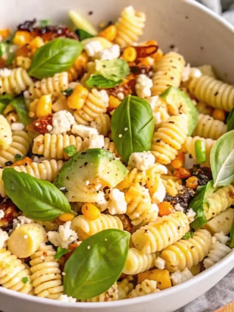 A vibrant bowl of Healthy Street Corn Pasta Salad featuring rotini pasta, grilled corn, crumbled feta, fresh basil, zucchini, and a slice of lime, accented with creamy dressing and chili butter—an ideal dish for fresh summer recipes.