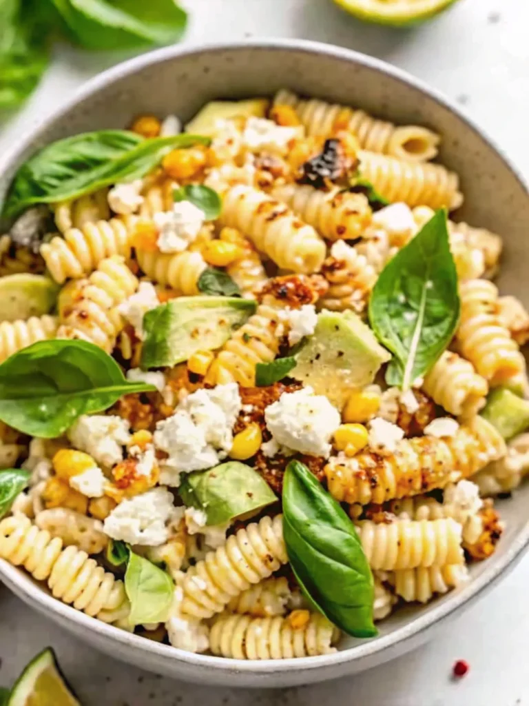 A vibrant bowl of Healthy Street Corn Pasta Salad featuring rotini pasta, grilled corn, crumbled feta, fresh basil, zucchini, and a slice of lime, accented with creamy dressing and chili butter—an ideal dish for fresh summer recipes.