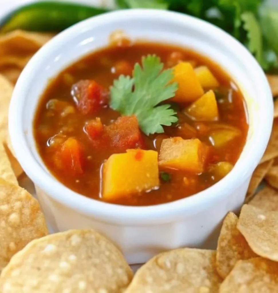A bowl of homemade peach salsa with diced peaches, tomatoes, and cilantro, served with tortilla chips—perfect for canning and snacking.
