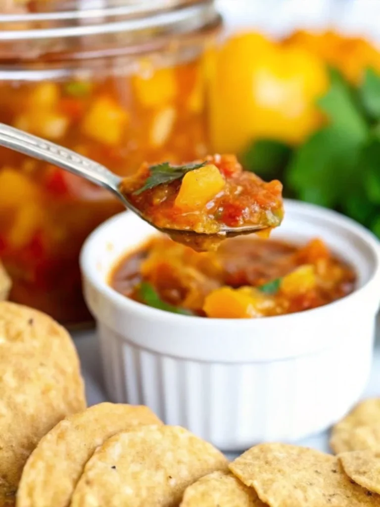 A bowl of homemade peach salsa with diced peaches, tomatoes, and cilantro, served with tortilla chips—perfect for canning and snacking.