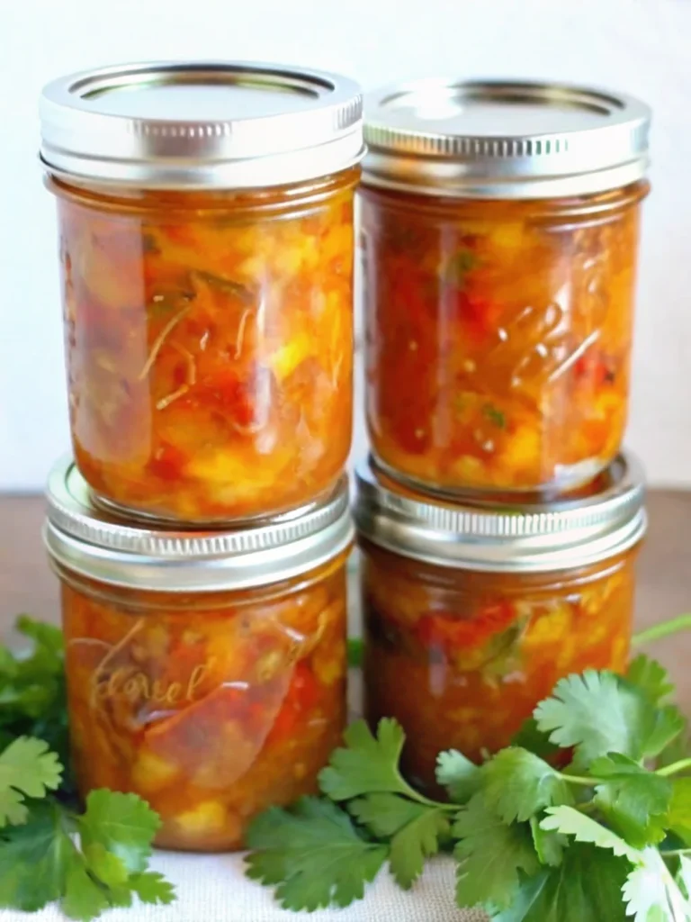 A bowl of homemade peach salsa with diced peaches, tomatoes, and cilantro, served with tortilla chips—perfect for canning and snacking.