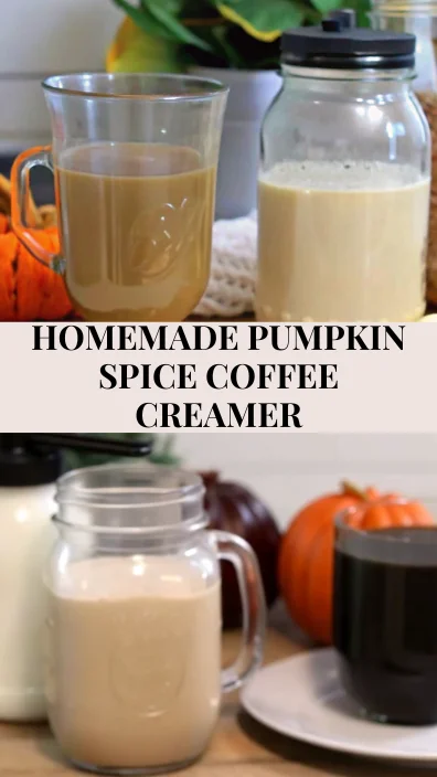 Homemade pumpkin coffee creamer in mason jar with fresh coffee cup and orange pumpkin on kitchen counter