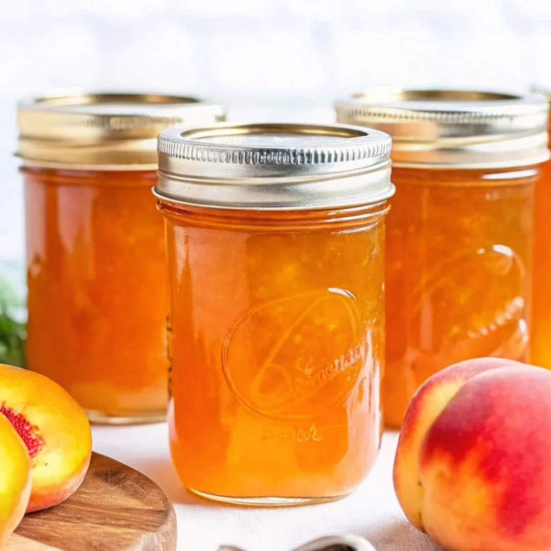 Homemade peach jam recipe in glass jars with fresh peaches, showcasing easy canning peach jam process for summer fruit preserves.