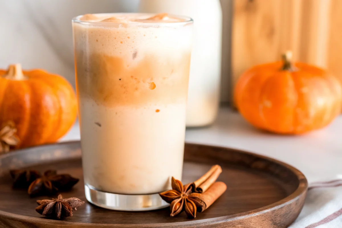 Iced pumpkin cream chai tea with pumpkin foam and fall spices in a glass.
