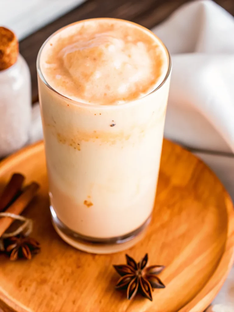 Iced pumpkin cream chai tea with pumpkin foam and fall spices in a glass.
