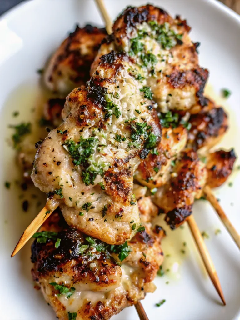 Garlic Parmesan Chicken skewers grilled on Blackstone griddle with melted cheese and fresh herbs