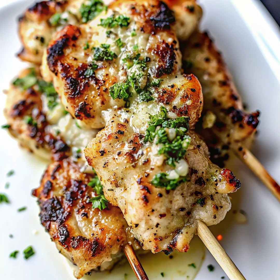 Golden-brown Garlic Parmesan Chicken skewers fresh off the Blackstone griddle, featuring perfectly melted parmesan cheese, aromatic garlic, and fresh parsley garnish - ready to serve in just 25 minutes.