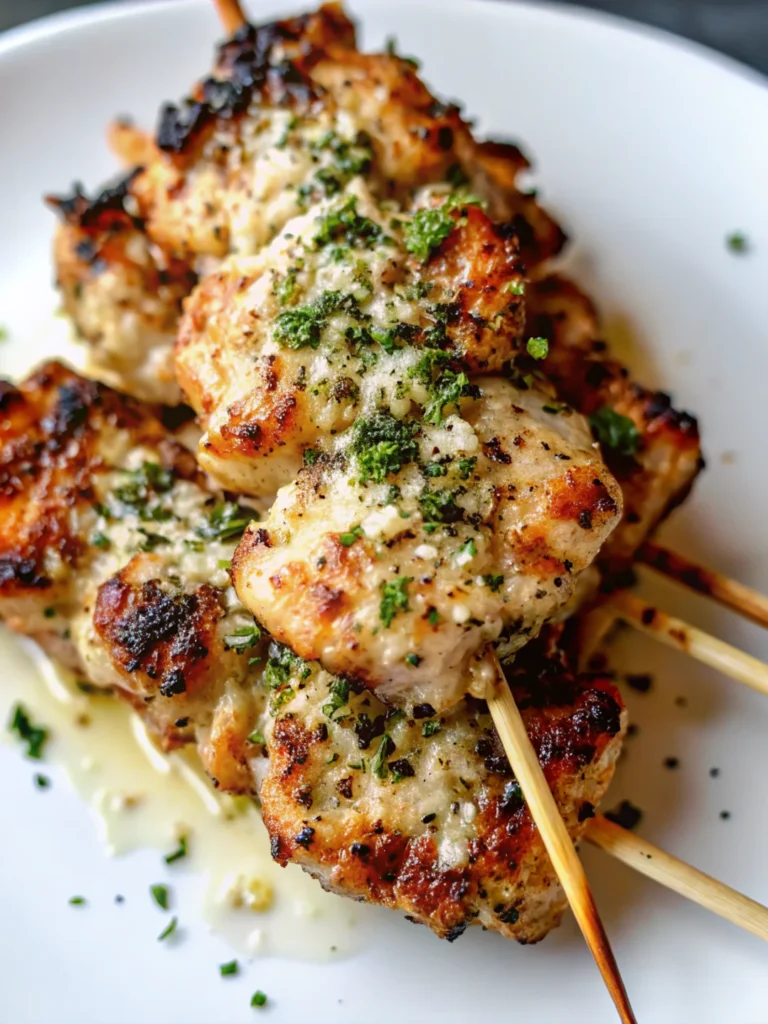 Garlic Parmesan Chicken skewers grilled on Blackstone griddle with melted cheese and fresh herbs