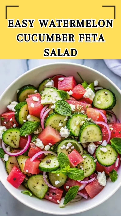 Fresh watermelon cucumber feta salad with diced watermelon, sliced cucumber, crumbled feta cheese, and fresh mint herbs in white bowl - perfect summer recipe