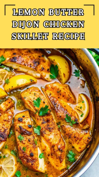 Lemon Butter Dijon Chicken in a skillet with golden brown chicken breasts, lemon slices, and fresh herbs in a rich sauce.